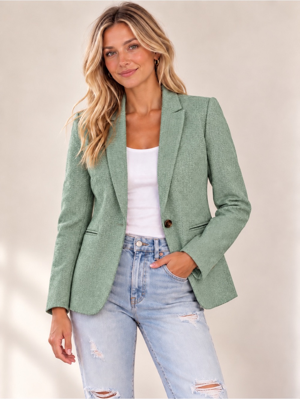 J. Crew Green Single-Button Tailored Herringbone Wool Blazer